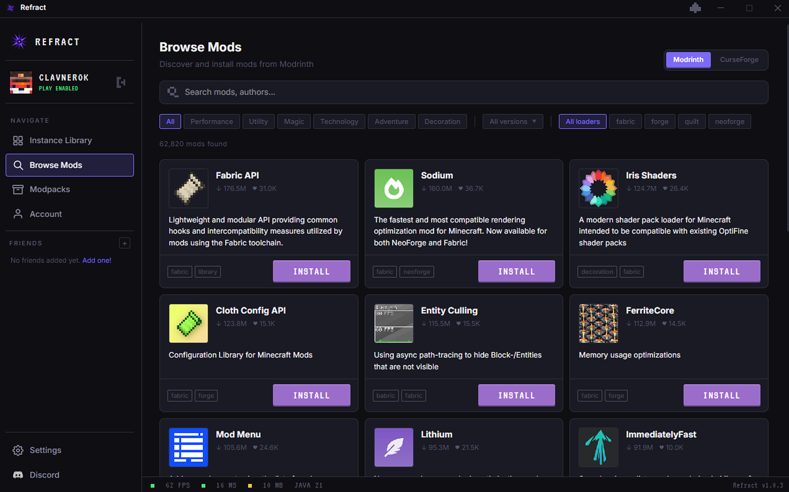The Refract launcher browsing mods from Modrinth