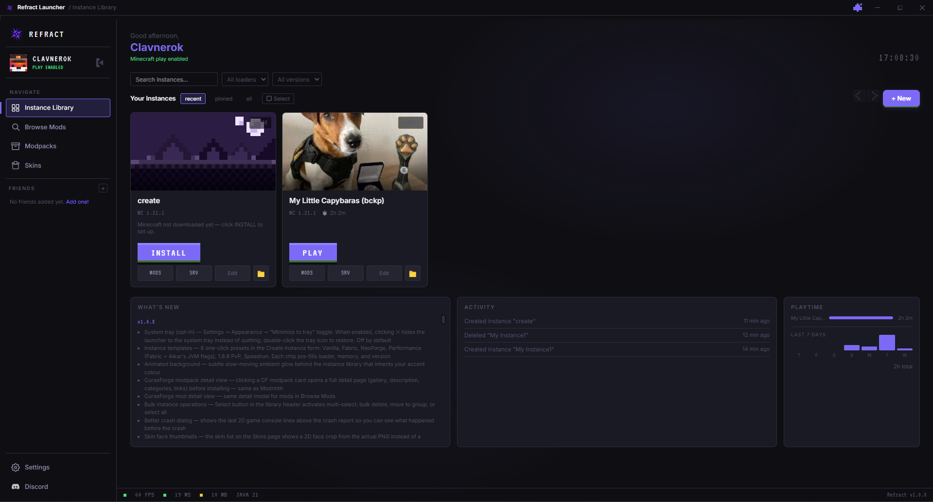 Refract Instance Library screen