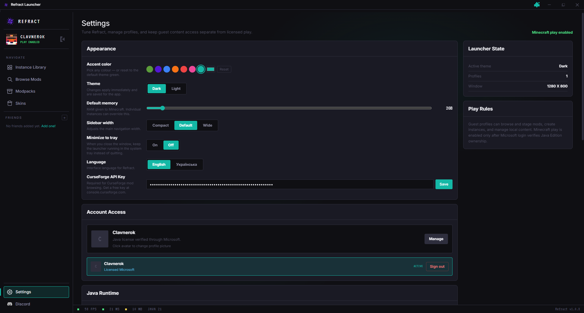 Refract Settings screen