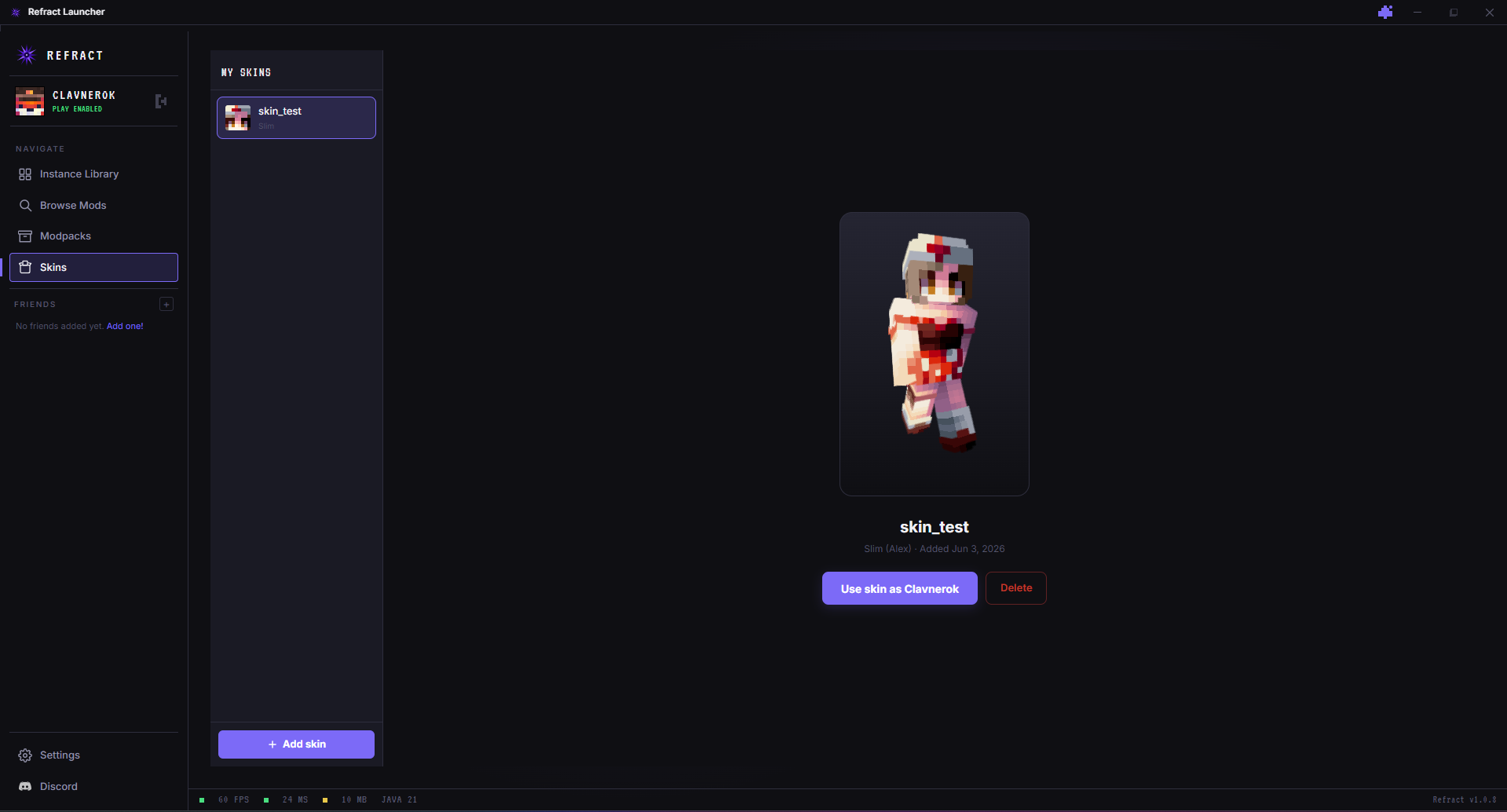 Refract Skins screen
